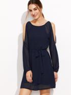 Shein Navy Open Shoulder Self Tie Chiffon Dress