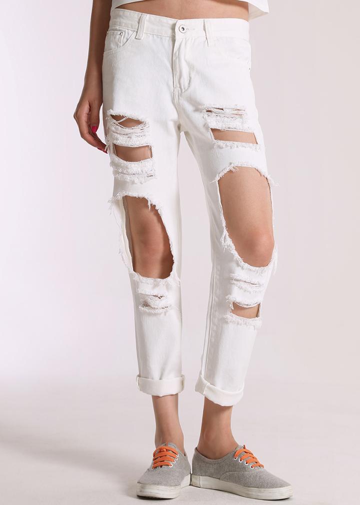 Shein White Ripped Denim Pant