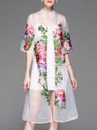 Shein White Sheer Flowers Embroidered Dress