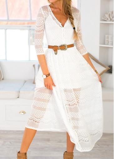 Rosewe White V Neck Mid Calf Dress