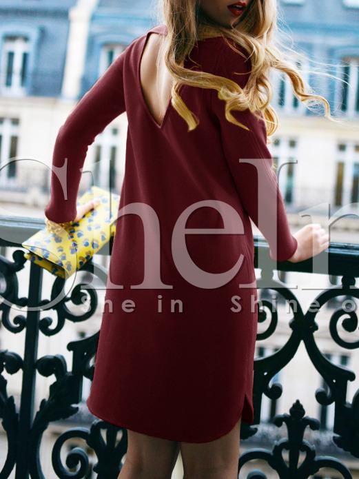 Shein Burgundy Long Sleeve Backless Straight Dress