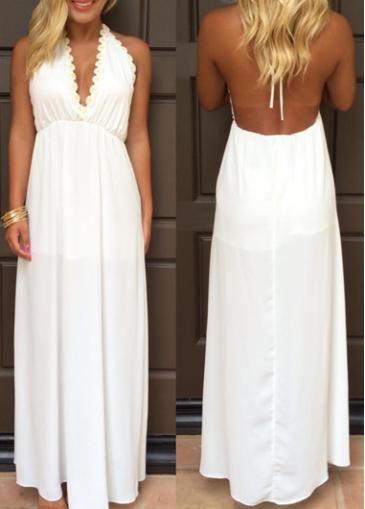 Rosewe Open Back High Waist White Maxi Dress