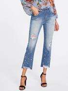 Shein Pearl And Rhinestone Detail Distressed Jeans