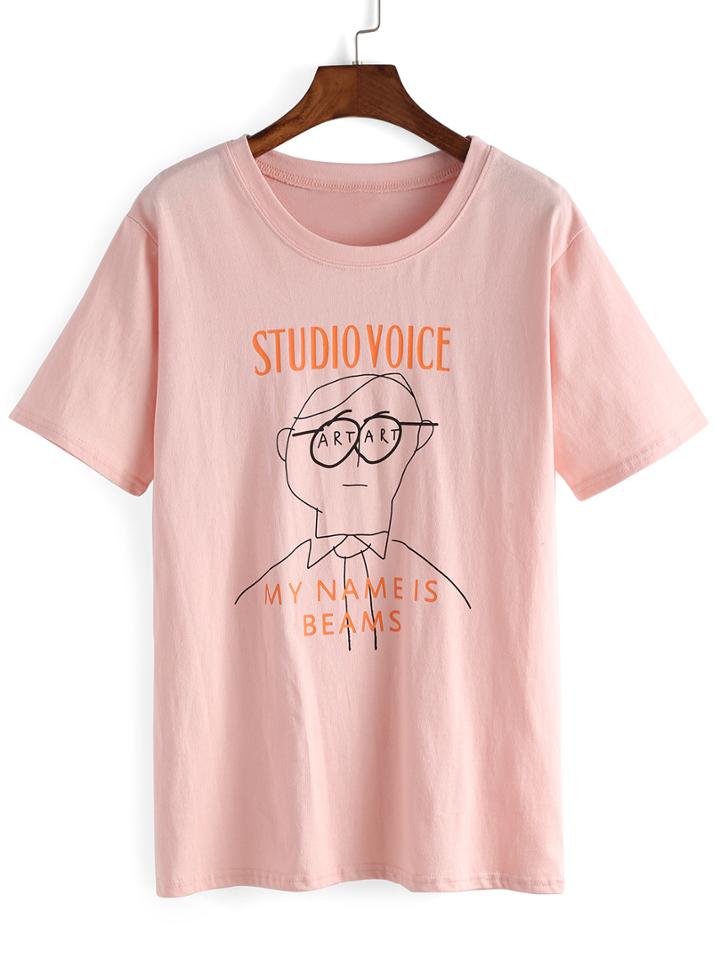 Shein Glassman Print Simple Pink T-shirt