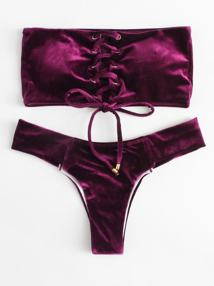 Shein Lace Up Velvet Bandeau Bikini Set