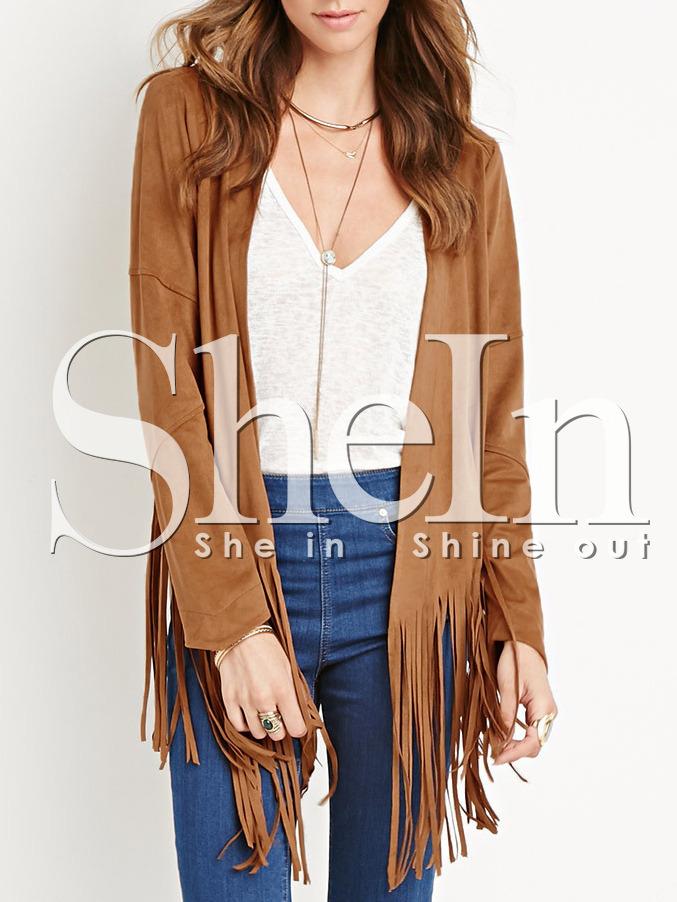 Shein Brown Long Sleeve Tassel Coat