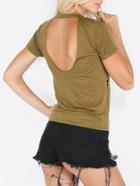 Shein Army Green Short Sleeve Distressed Backless T-shirt