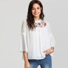 Shein Flower Embroidered Dot Jacquard Babydoll Top