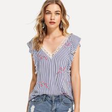 Shein Lace Trim Ruffle Armhole Striped Top