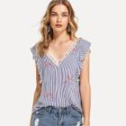 Shein Lace Trim Ruffle Armhole Striped Top