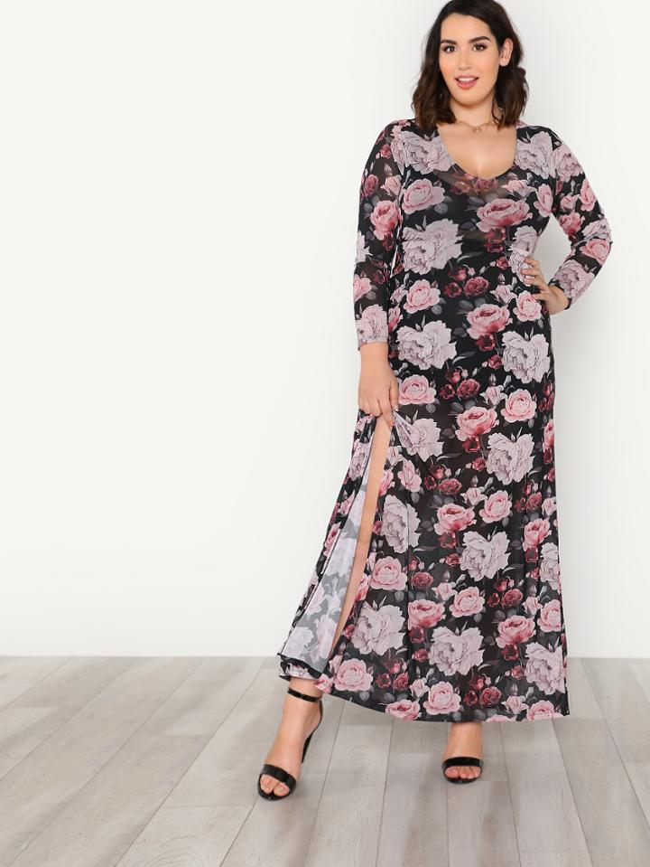 Shein Flower Print Split Front Dress