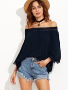 Shein Navy Off The Shoulder Crochet Lace Trim Top
