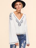Shein White Double V Neck Bell Sleeve Embroidered Top