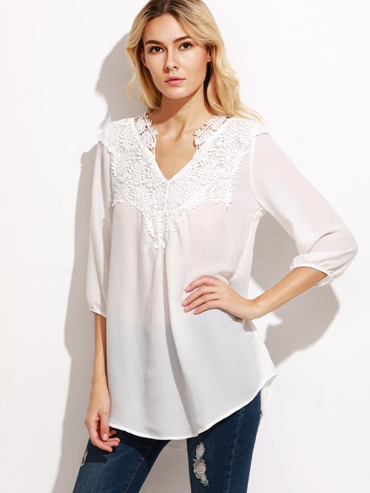 Shein White Crochet Trim Chiffon Blouse