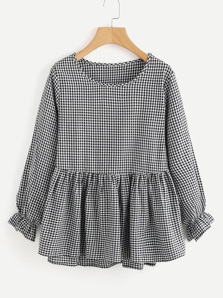 Shein Ruffle Cuff Gingham Blouse