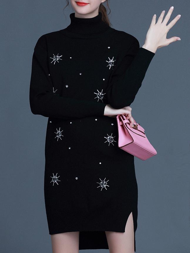 Shein Black Stand Collar Long Sleeve Beading High Low Knit Dress