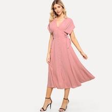 Shein Batwing Sleeve Knot Side Button Up Dress