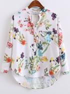 Shein Botanical Print Half Placket High Low Blouse