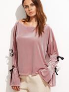 Shein Pink Boat Neck Bell Sleeve Tie Detail Top