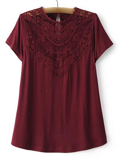 Shein Burgundy Embroidery Lace Key Hole Back T-shirt