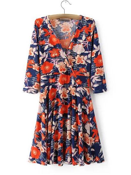Shein Multicolor V Neck Floral Pleated Dress