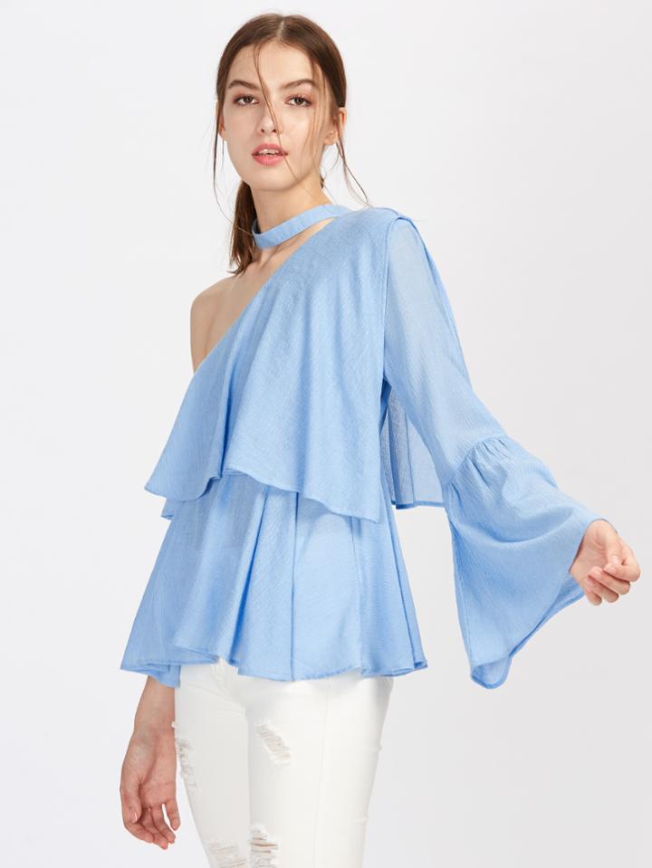 Shein Oblique Shoulder Ruffle Layered Top