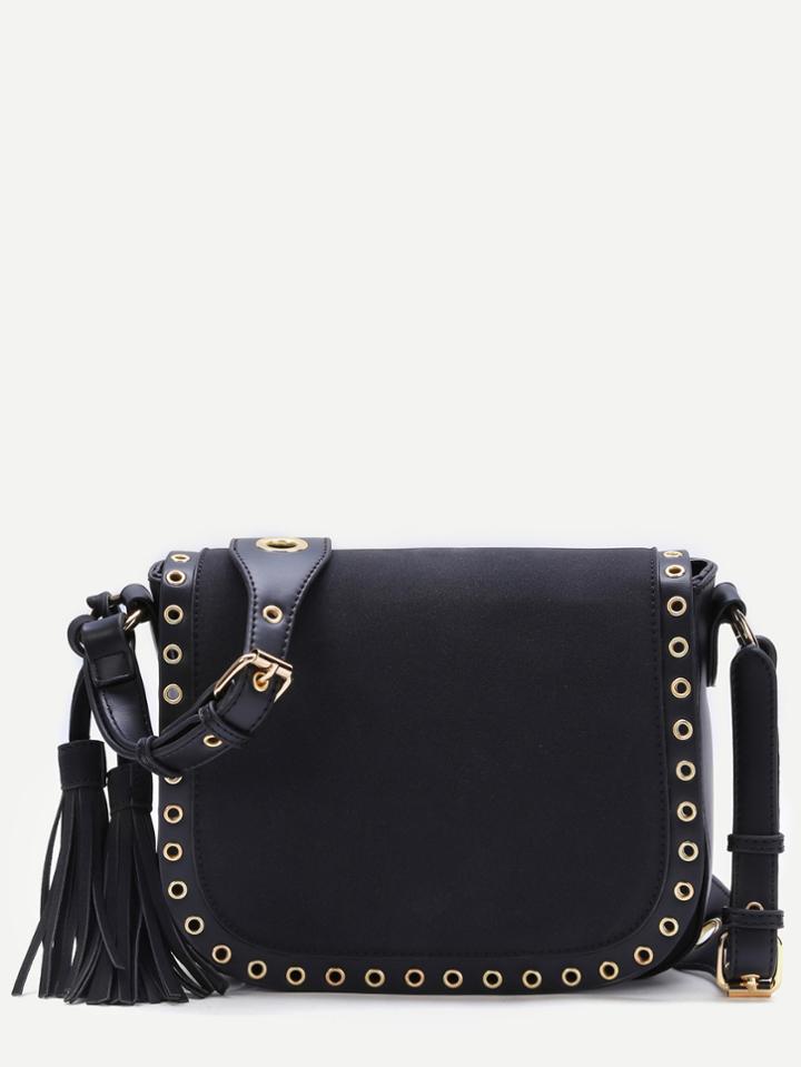 Shein Black Eyelet Trim Tassel Pu Messenger Bag