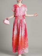 Shein Hot Pink Elastic-waist Print Maxi Dress