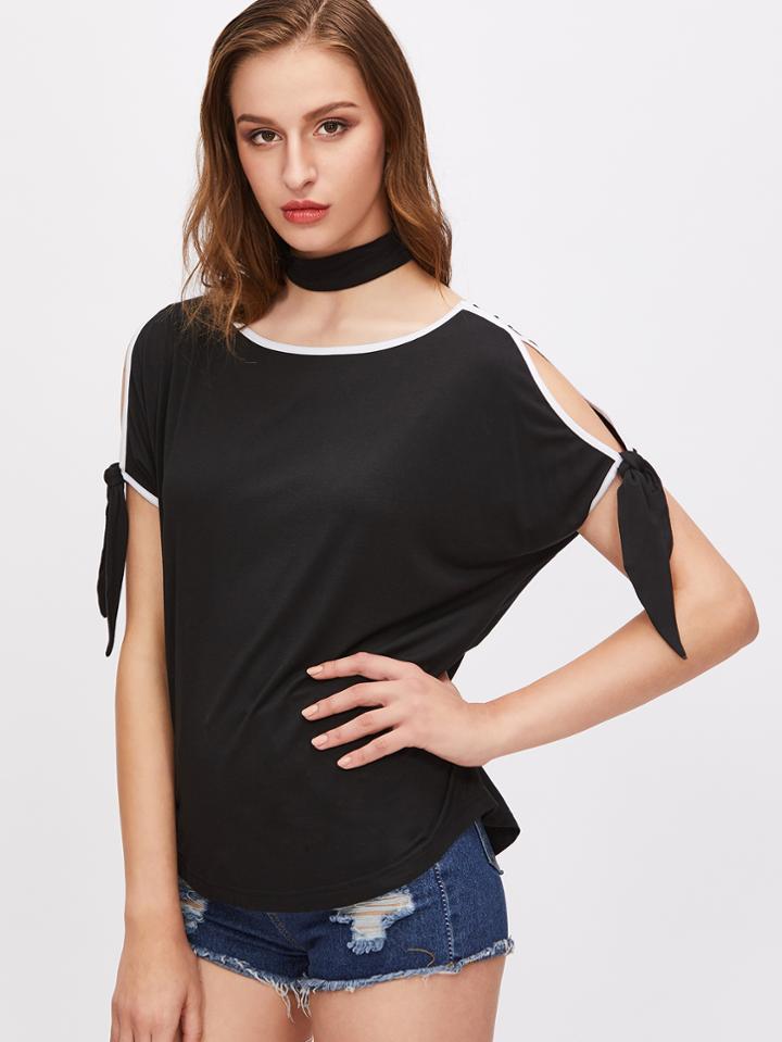 Shein Contrast Binding Split Tie Sleeve Dolman T-shirt