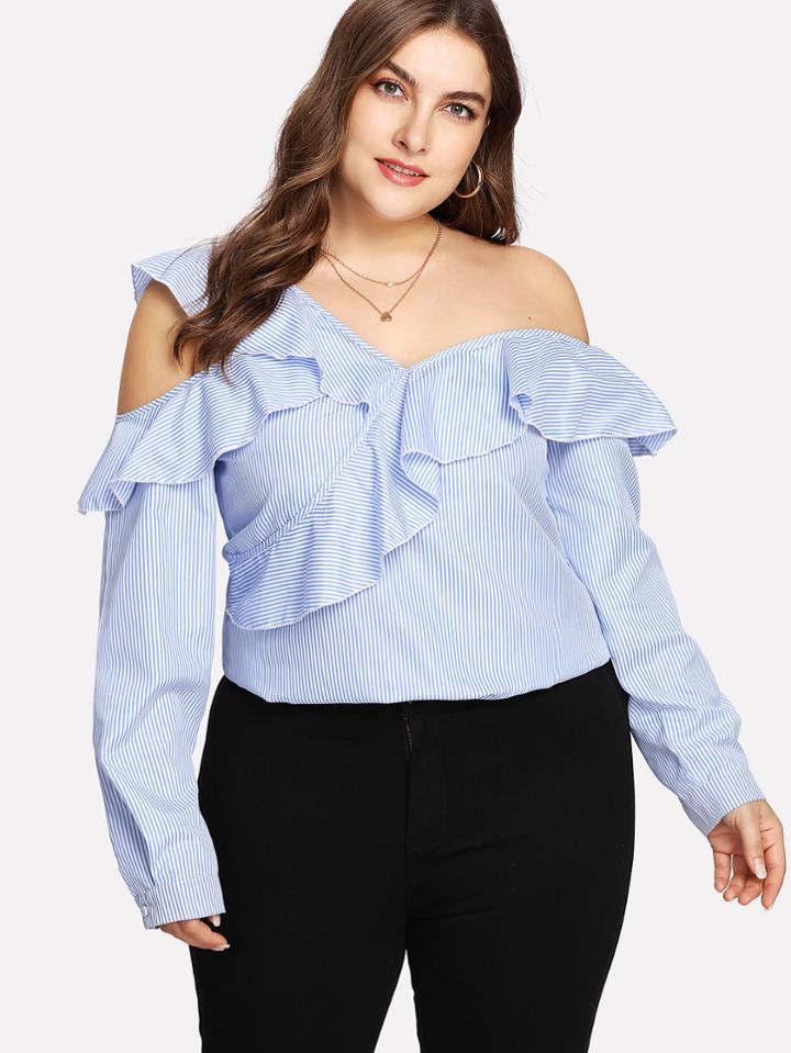 Shein Asymmetrical Shoulder Ruffle Trim Striped Top