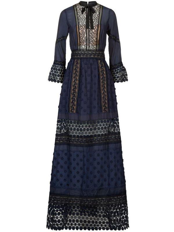 Shein Navy Tie Neck Crochet Maxi Dress