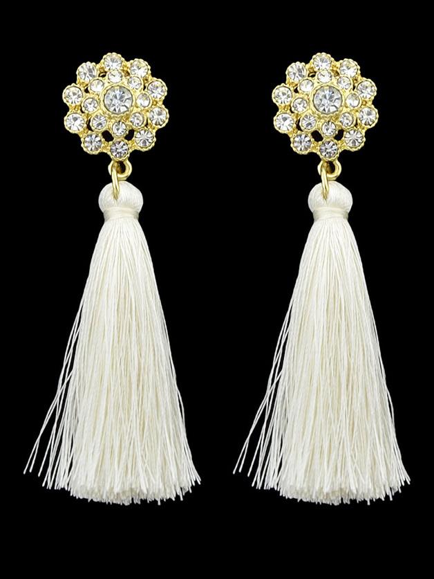 Shein White Boho Earrings With Tassel And Rhinestone Drop Earrings