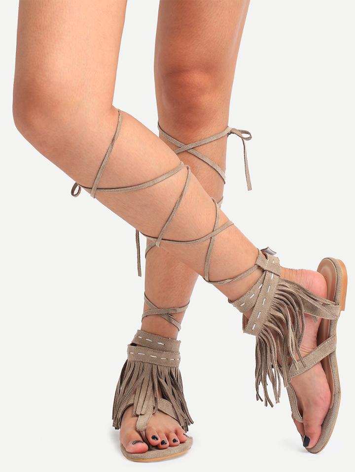 Shein Khaki Lace-up Fringe Flip Sandals