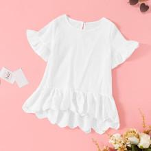 Shein Girls Laser Cut Insert Ruffle Dip Hem Blouse