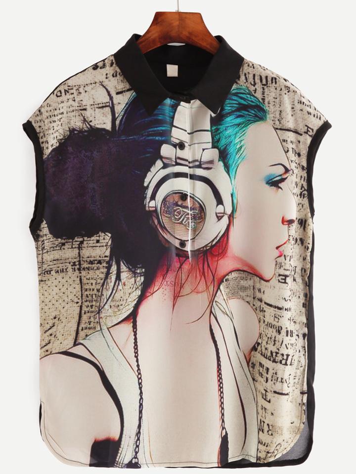 Shein Contrast Girl Print Chiffon Blouse