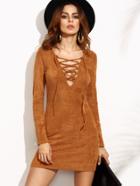 Shein Camel Suede Lace Up V Neck Bodycon Dress