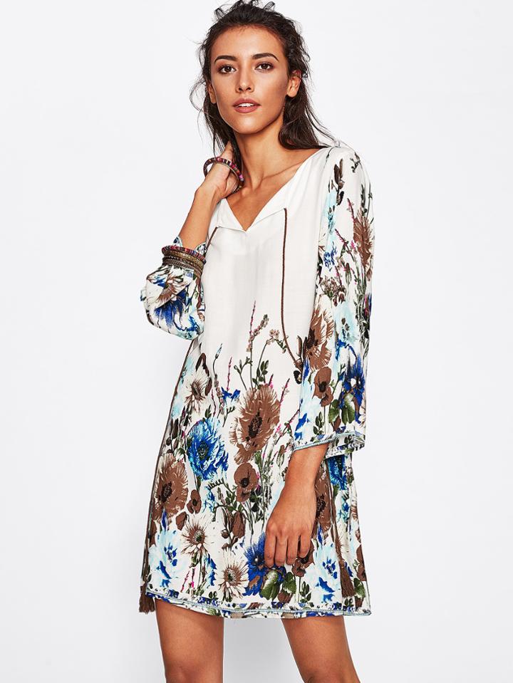 Shein Botanical Print Tasseled Tie Neck Dress