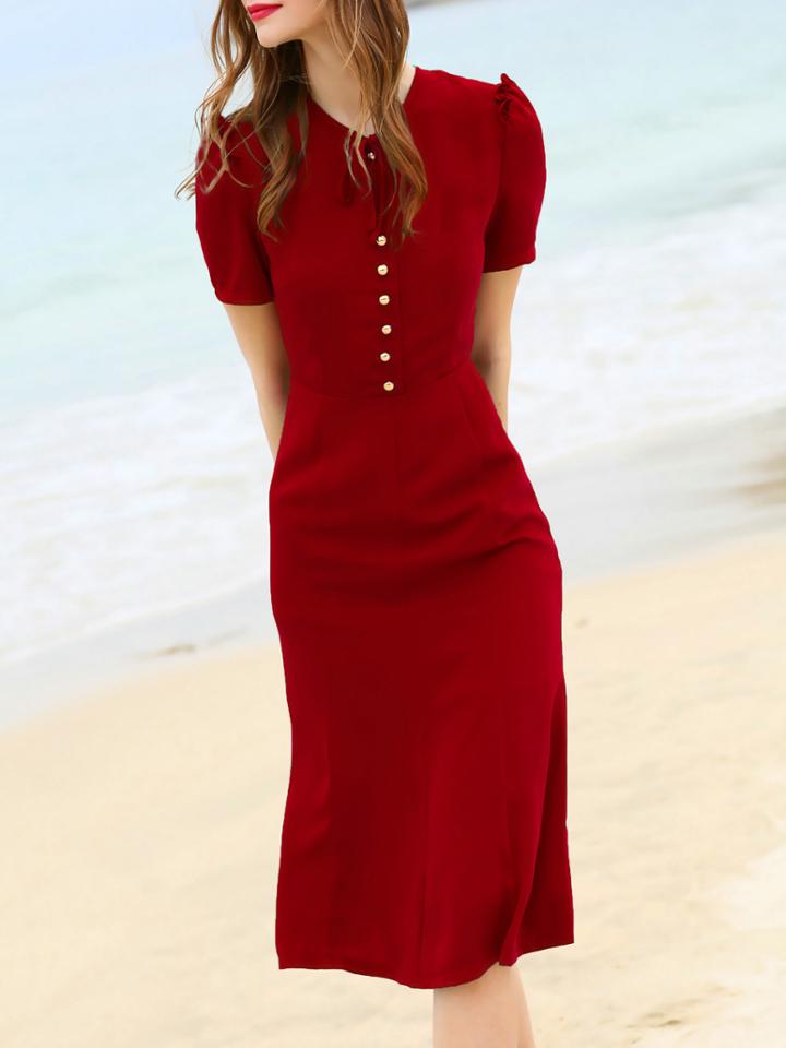 Shein Burgundy Tie Neck Sheath Dress
