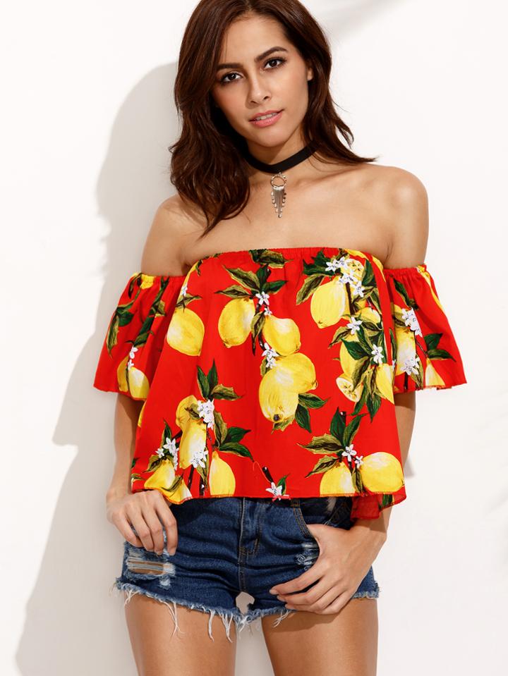 Shein Red Off The Shoulder Lemon Print Blouse