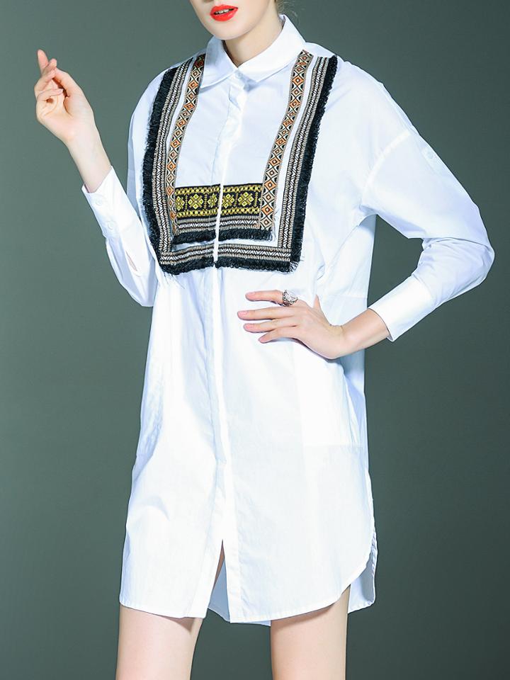 Shein White Lapel Embroidered T-shirt Dress