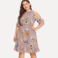 Shein Plus Floral Print Open Shoulder Ruffle Striped Dress