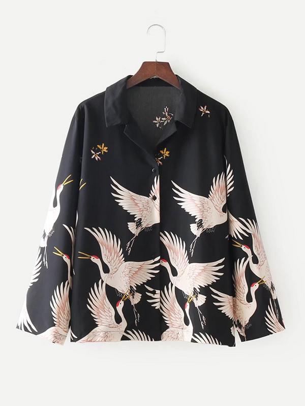 Shein Crane Print Boyfriend Blouse