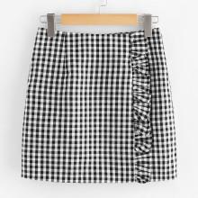 Shein Zip Back Ruffle Trim Gingham Skirt