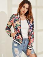 Shein Multicolor Flower Print Striped Trim Bomber Jacket