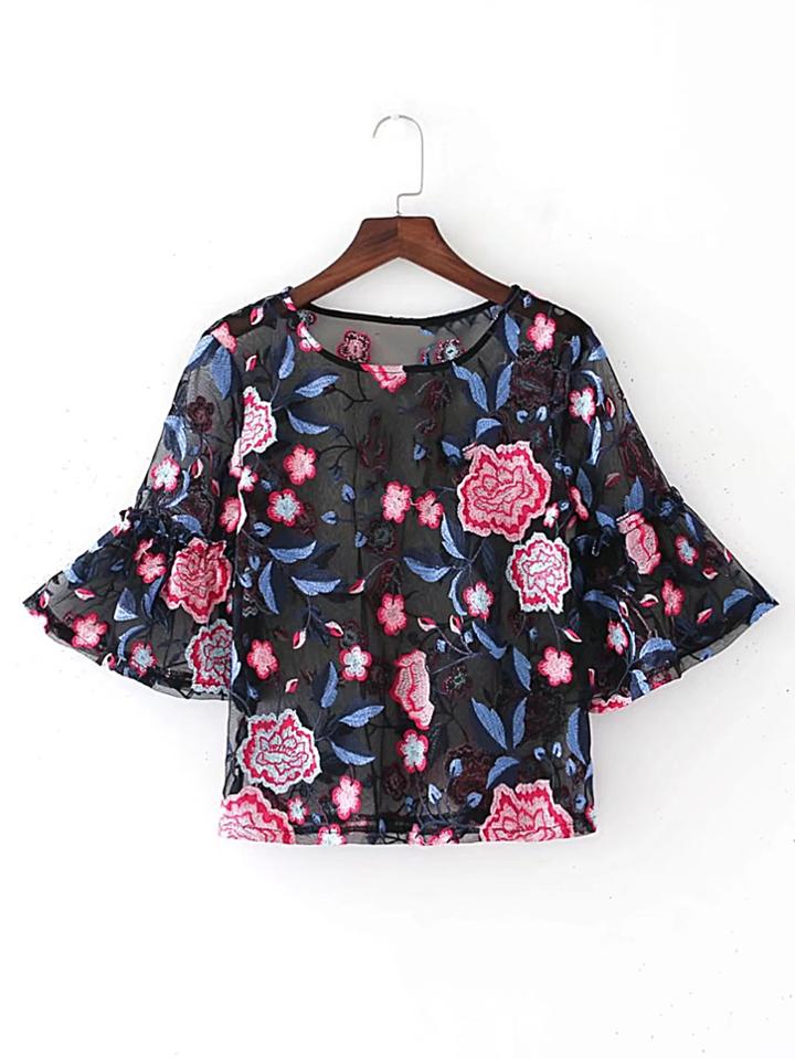 Shein Bell Sleeve Flower Embroidery Lace Top