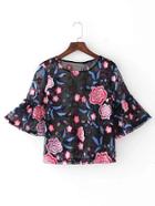 Shein Bell Sleeve Flower Embroidery Lace Top