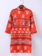 Shein Red High Neck Printed Zipper Back Vintage Dress