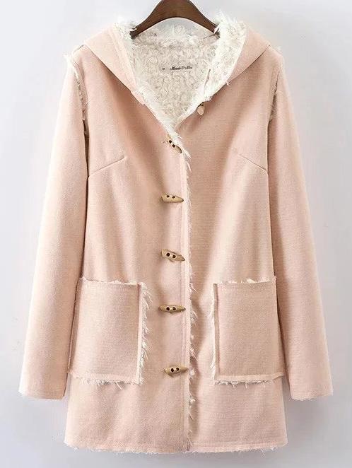 Shein Light Khaki Hooded Duffle Coat With Pocket