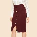 Shein Button Front Slit Hem Ribbed Skirt