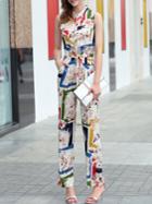 Shein Multicolor Drawstring Pockets Print Jumpsuit